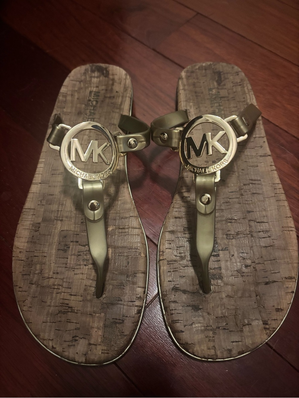 Michael Kors Gold Logo Cork-Print Thong Sandals